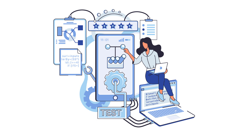 Ilustração de uma mulher sentada em um notebook enquanto analisa a tela de um celular com diversos testes.