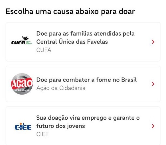 área de doação no APP do Ifood.