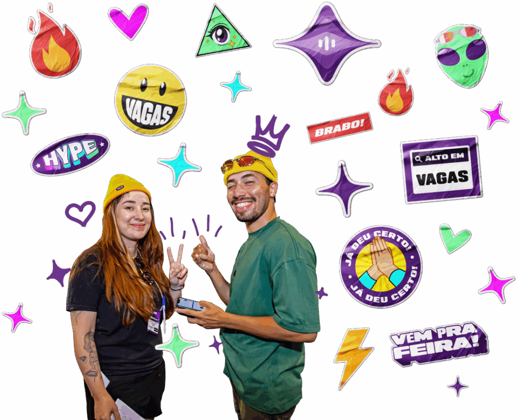 Foto de dois influencers e vários stikers ao redor deles