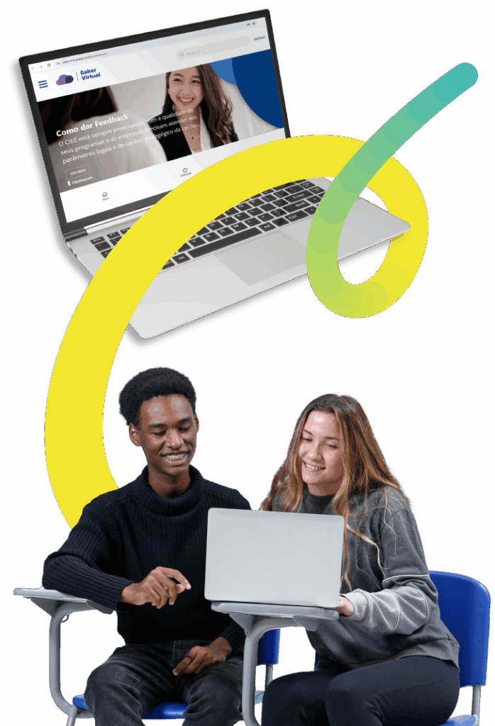 Foto de um casal de jovens aprendizes e um notebook