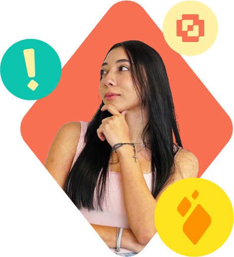 Jovem estudante morena , olhando para o lado com a mão no queixo