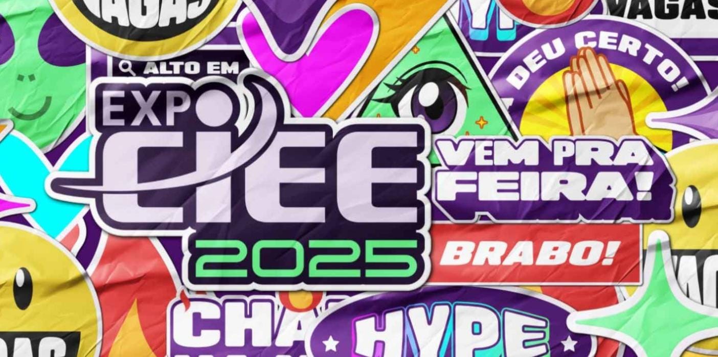 Arte vibrante da Expo CIEE 2025 com cores vivas, emojis e frases como 'Vem pra feira!' e 'Brabo!', em estilo adesivo divertido.
